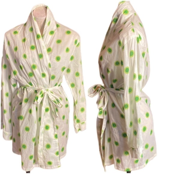 Pine Cone Hill 100% Cotton Short Robe Unisex White Green polka dots Sz S/M - Picture 1 of 15